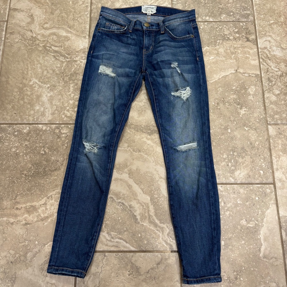 Current/Elliott The Stiletto Distressed Skinny Jeans Blue Size 25 Cropped‎ Ankle